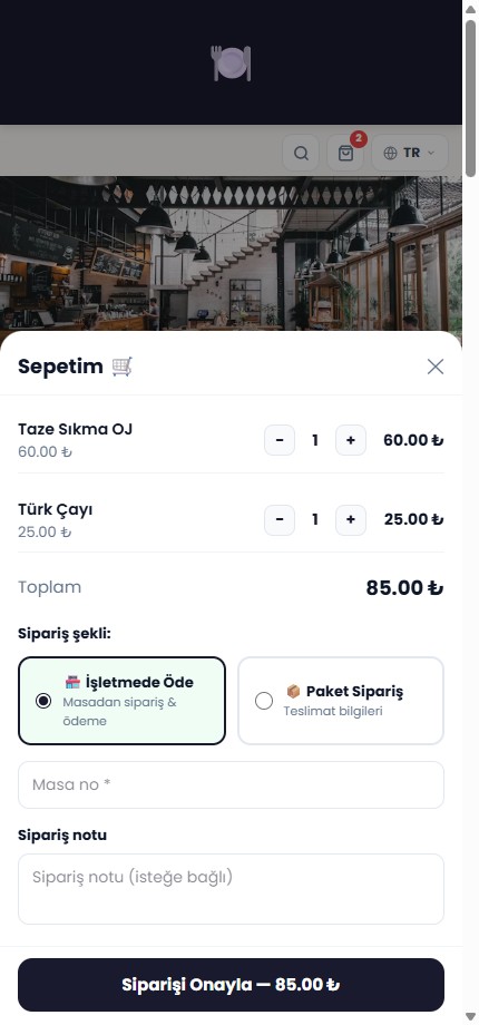 Demo menüde sepete eklenen ürünler ve sipariş onayı